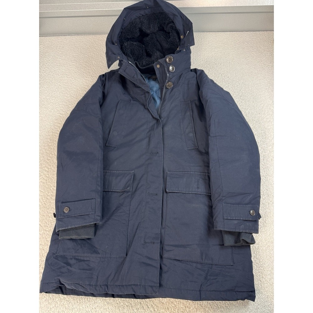 J.Crew Nordic Down Parka Women Large Navy Sherpa Hood Faux Fur Trim Preppy Heavy